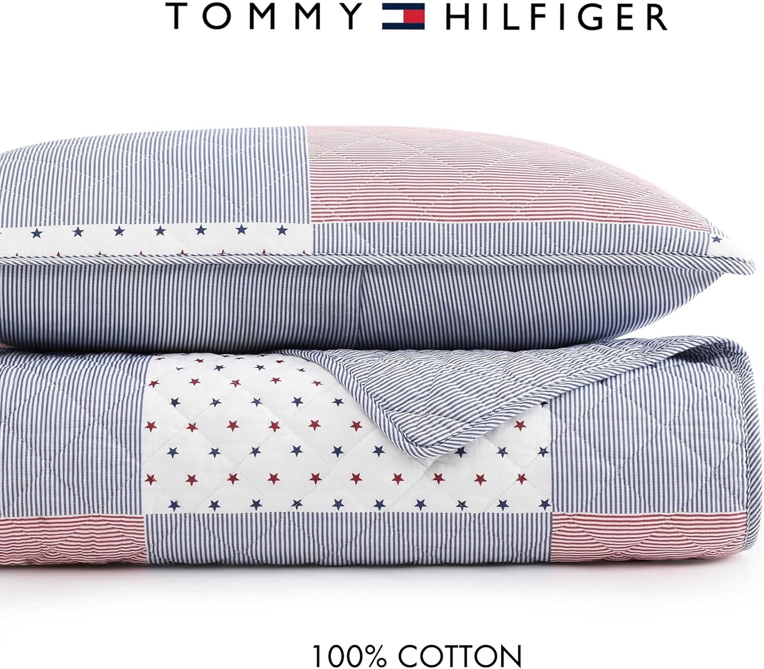 image:imageTommy Hilfiger Twin Quilt Set Reversible Soft Cotton Percale Bedding with Reversible Stripe Design Lightweight AllSeason Quilt with Matching Sham Americana Decor Ithaca Patchwork BlueIthaca AmericanaPatchwork Ithaca Stripe Blue