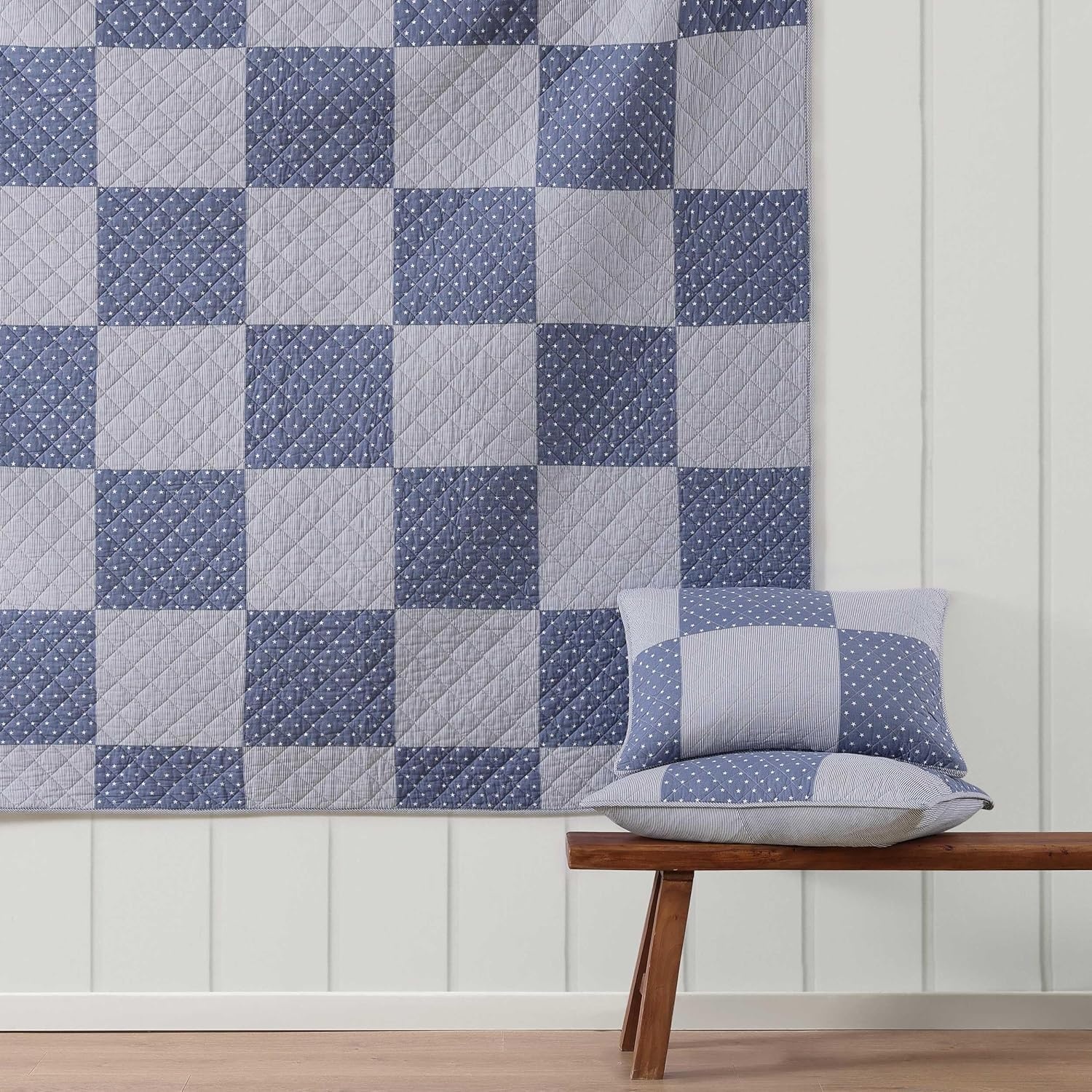 image:imageTommy Hilfiger Twin Quilt Set Reversible Soft Cotton Percale Bedding with Reversible Stripe Design Lightweight AllSeason Quilt with Matching Sham Americana Decor Ithaca Patchwork BlueIthaca StargazePatchwork Ithaca Stripe Blue