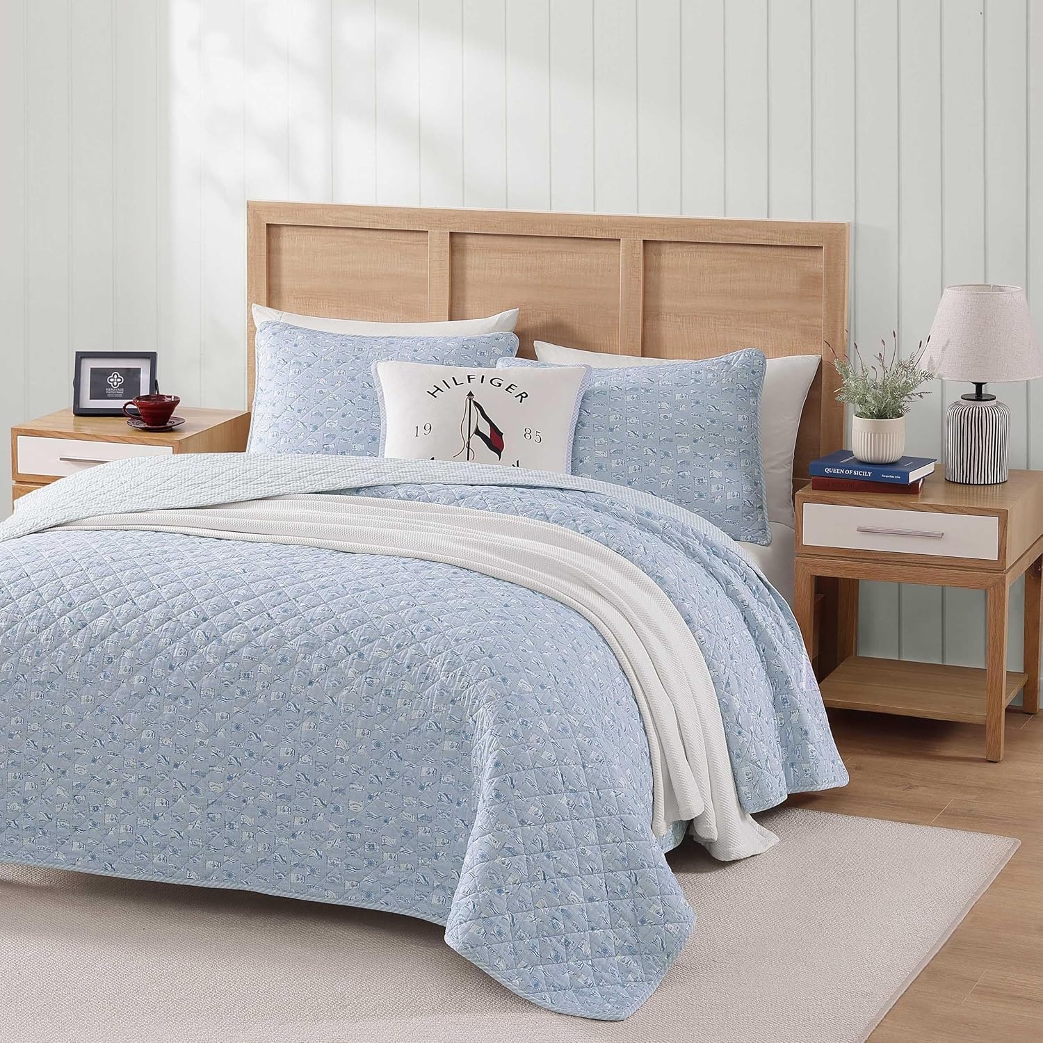 image:imageTommy Hilfiger Twin Quilt Set Reversible Soft Cotton Percale Bedding with Reversible Stripe Design Lightweight AllSeason Quilt with Matching Sham Americana Decor Ithaca Patchwork BlueBoating FlagsTicking Stripe Blue