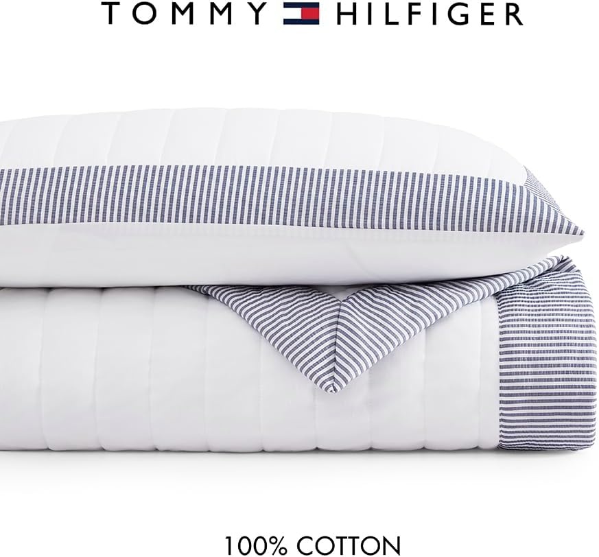 image:imageTommy Hilfiger Twin Quilt Set Soft Microfiber Bedding with Reversible Solid Design Lightweight AllSeason Quilt with Matching Sham Americana Decor Resort BlueTwin