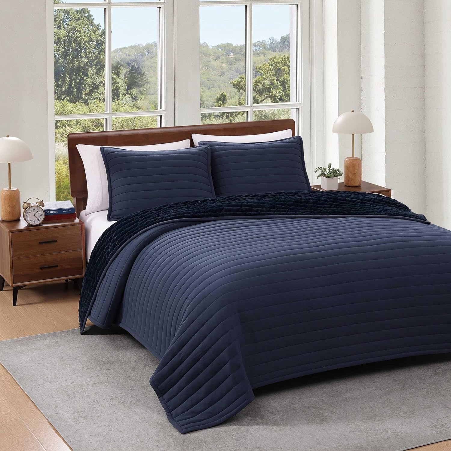 image:imageTommy Hilfiger Twin Quilt Set UltraSoft Plush Reverse with Channel Stitch Design Medium Weight 2 Piece Bed Set with Matching Pillowcase Classic Comfort BlueKing