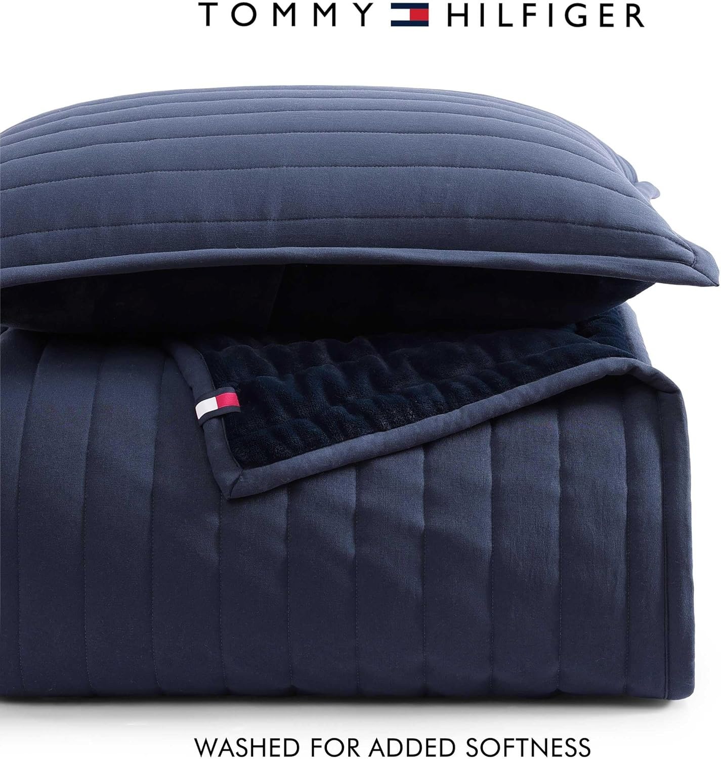 image:imageTommy Hilfiger Twin Quilt Set UltraSoft Plush Reverse with Channel Stitch Design Medium Weight 2 Piece Bed Set with Matching Pillowcase Classic Comfort BlueQueen