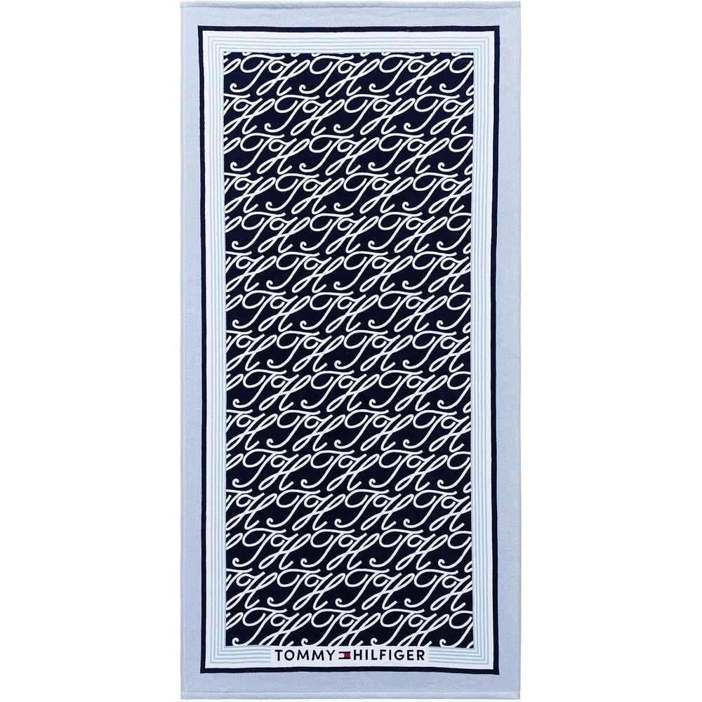 image:imageTommy Hilfiger  Beach Towel Oversized Cotton Velour Towel 36x68 Plush Absorbent amp QuickDry Beach Essentials Striped Americana Decor Leisure Dark BlueAllover Monogram Blue