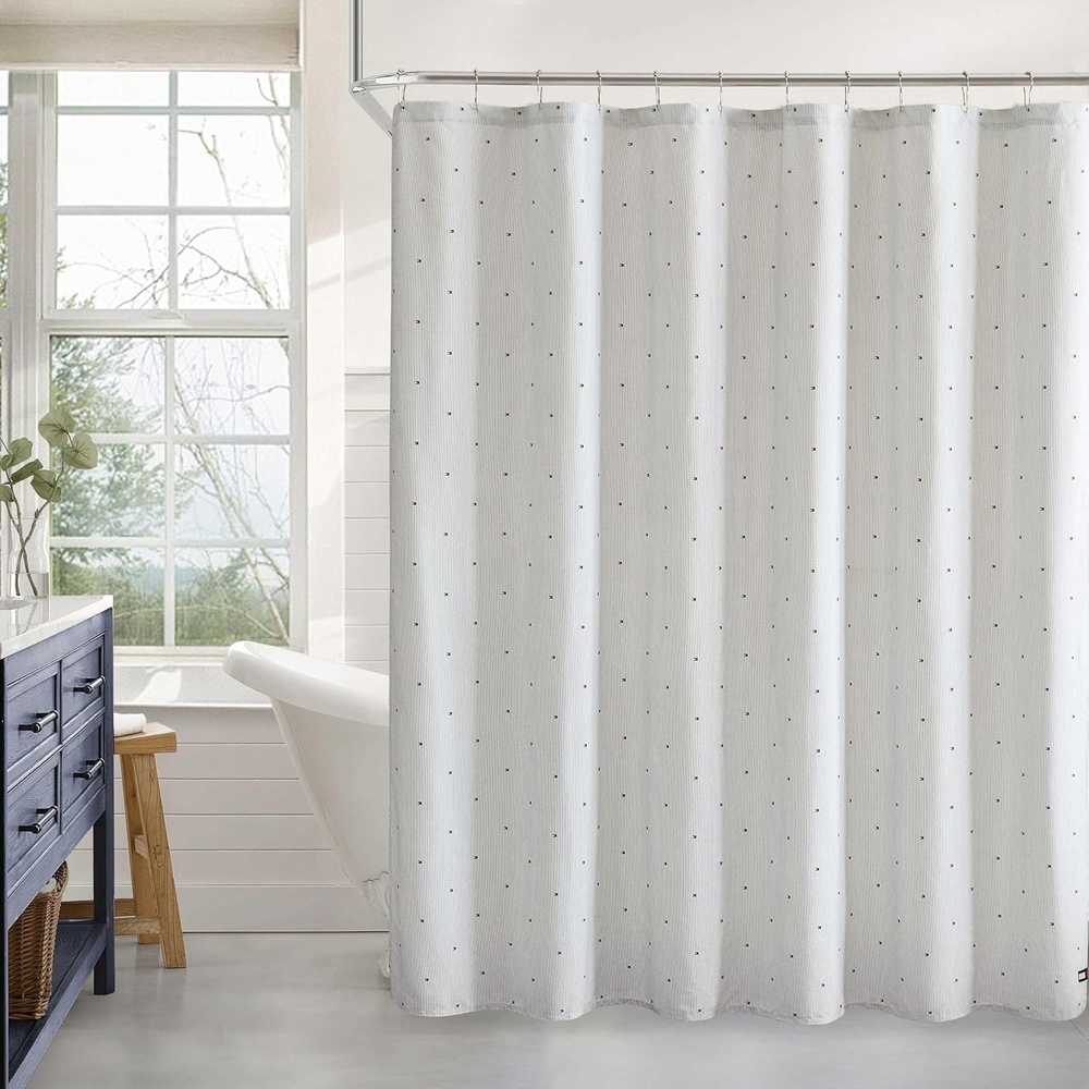image:imageTommy Hilfiger  Shower Curtain Recycled Cotton Blend Bathroom Curtain 72 x 72 Tailored Stripe Design with Flag Detail Americana Decor Machine Washable Pewter GreyIthaca Flag Stripe Grey