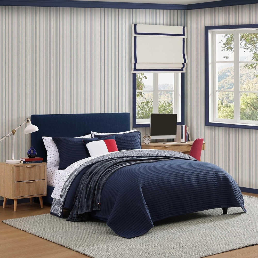 image:imageTommy Hilfiger Twin Quilt Set Reversible Bedding with a Soft amp Smooth Feel 2 Piece Bed Set with Matching Pillowcase Solid GardenaCheck BlueSolid GardenaCheck Blue