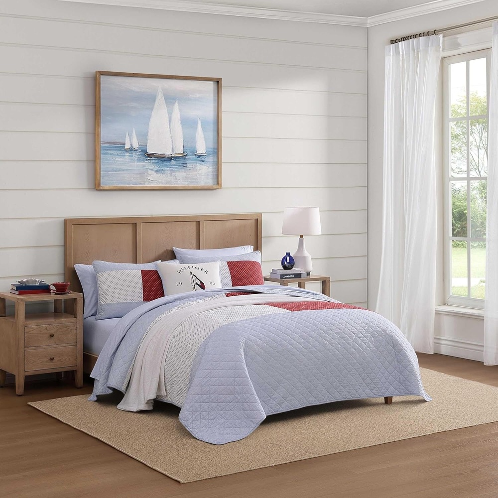 image:imageTommy Hilfiger Twin Quilt Set Reversible Soft Cotton Percale Bedding with Reversible Stripe Design Lightweight AllSeason Quilt with Matching Sham Americana Decor Nautical Anchor BlueNautical Anchor FlagIthaca Stripe Blue