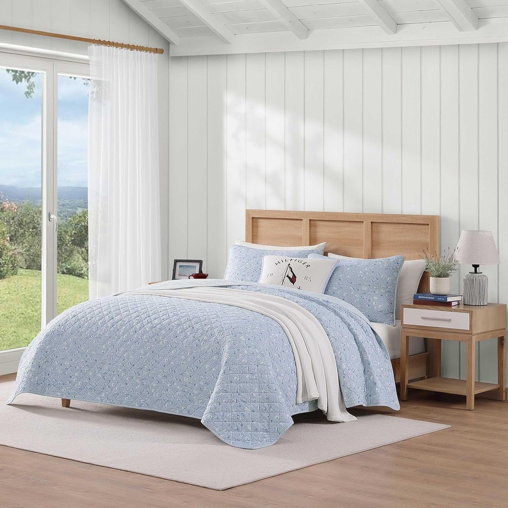 image:imageTommy Hilfiger Twin Quilt Set Reversible Soft Cotton Percale Bedding with Reversible Stripe Design Lightweight AllSeason Quilt with Matching Sham Americana Decor Ithaca Patchwork BlueBoating FlagsTicking Stripe Blue