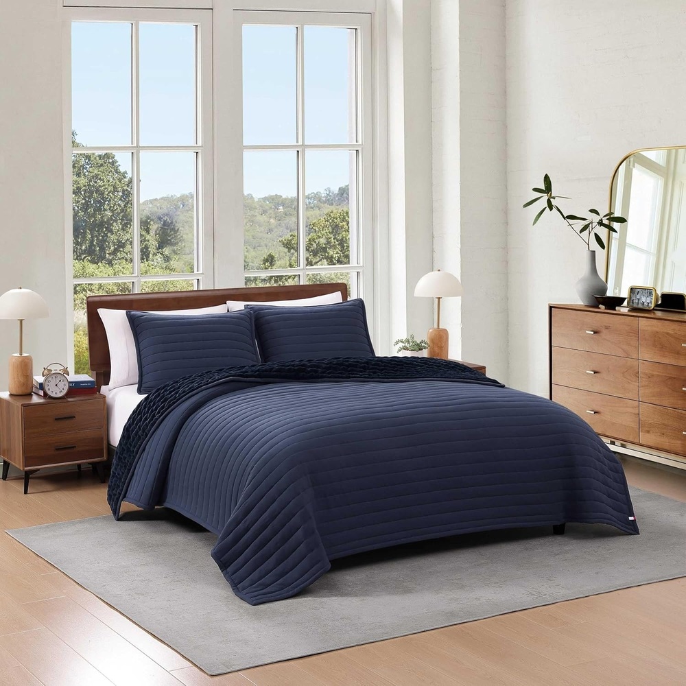 image:imageTommy Hilfiger Twin Quilt Set UltraSoft Plush Reverse with Channel Stitch Design Medium Weight 2 Piece Bed Set with Matching Pillowcase Classic Comfort BlueTwin
