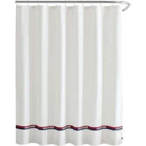 Tommy Hilfiger – Shower Curtain, Recycled Cotton Blend Bathroom Curtain, 72 x 72, Tailored Stripe Design with Flag Detail, Americana Decor, Machine Washable (Pewter Grey)(Logo Stripe Blue)