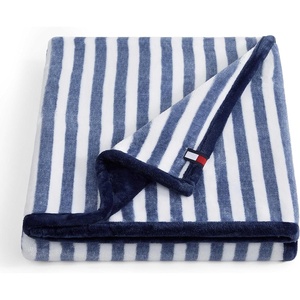 Tommy Hilfiger – Throw Blanket, Plush Bedding with a Fleece-Knit Texture, Soft Throw Blanket for Couch or Bed (Modern Check Solid Blue, 50″ x 70″)(Laguna Beach Stripe/Solid Blue)