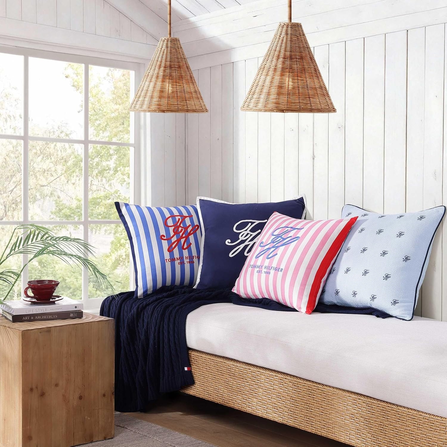 image:imageTommy Hilfiger Decorative Throw Pillow for Bed or Couch 12x16 Seersucker Accent Pillow with Zipper Closure Embroidered Crest Design Americana Decor BlueBeachfront Pink