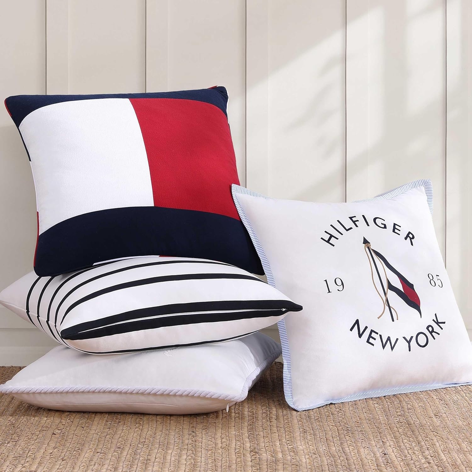 image:imageTommy Hilfiger Decorative Throw Pillow for Bed or Couch 12x16 Seersucker Accent Pillow with Zipper Closure Embroidered Crest Design Americana Decor BlueFlag Navy