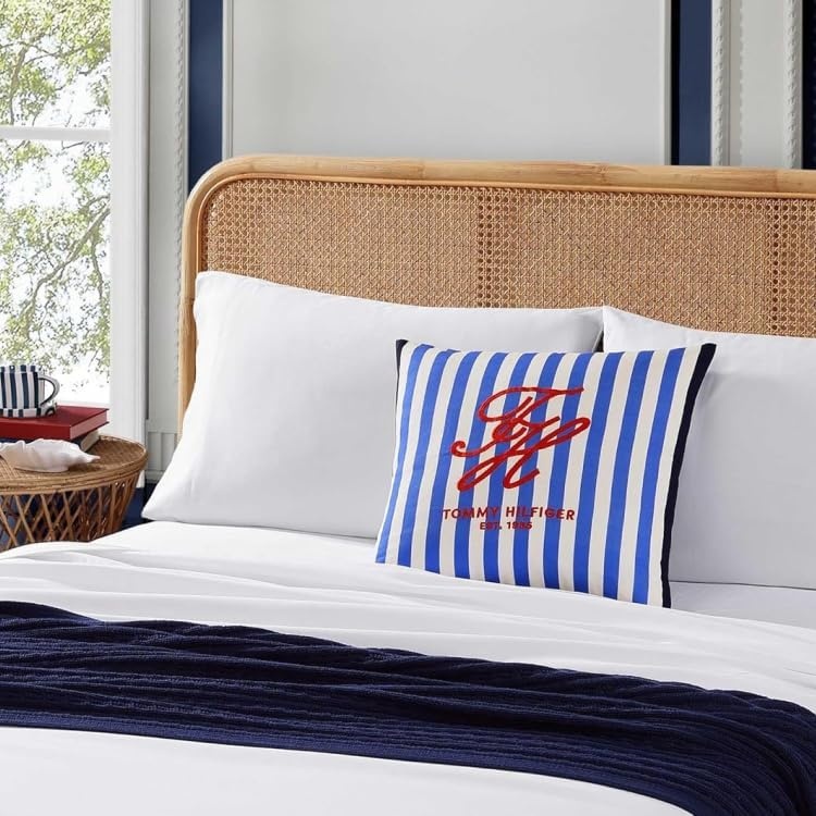 image:imageTommy Hilfiger Decorative Throw Pillow for Bed or Couch 12x16 Seersucker Accent Pillow with Zipper Closure Embroidered Crest Design Americana Decor BlueBeachfront Blue