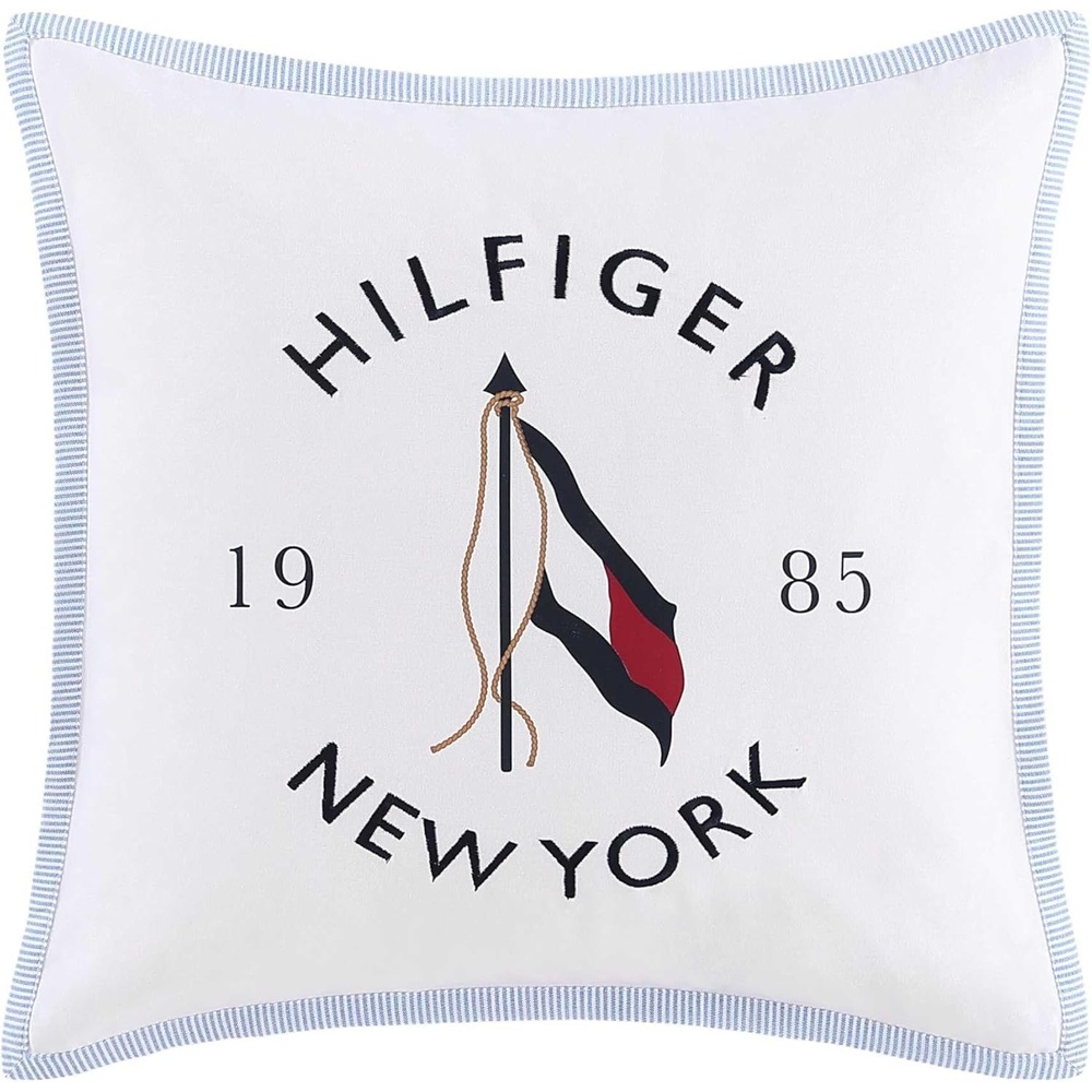 image:imageTommy Hilfiger Decorative Throw Pillow for Bed or Couch 12x16 Seersucker Accent Pillow with Zipper Closure Embroidered Crest Design Americana Decor BlueNy Flag White