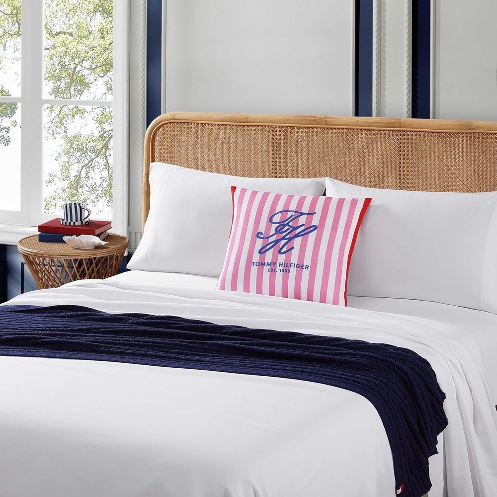 image:imageTommy Hilfiger Decorative Throw Pillow for Bed or Couch 12x16 Seersucker Accent Pillow with Zipper Closure Embroidered Crest Design Americana Decor BlueBeachfront Pink