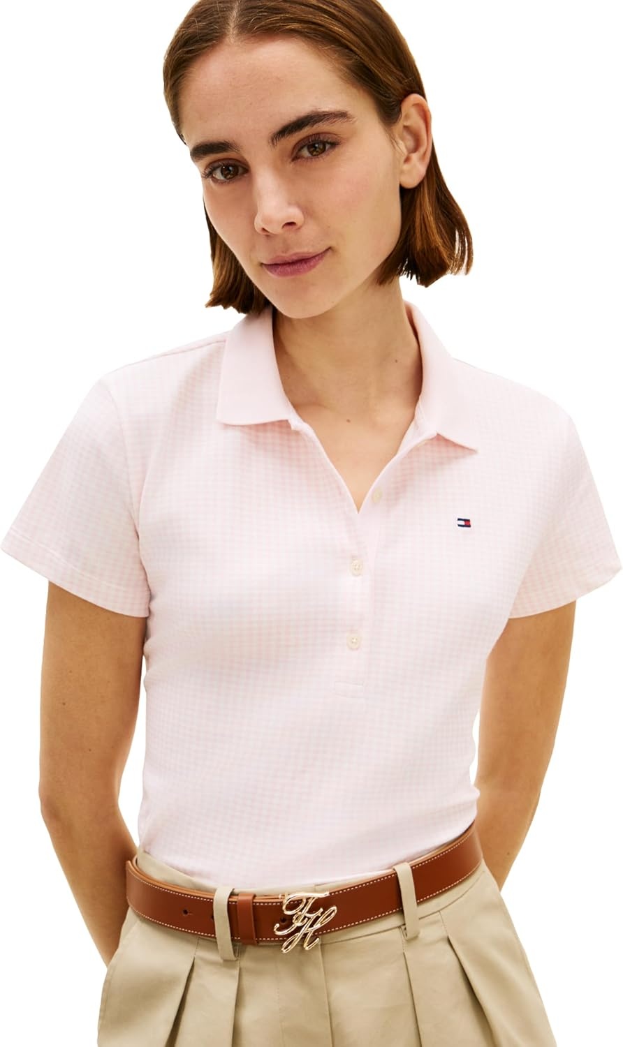 image:imageTommy Hilfiger Womens Cotton Pique Short Sleeve Polo Shirt in Classic Fit with StretchGingham Check Light Pink