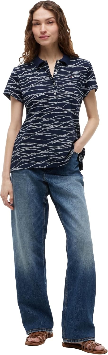 image:imageTommy Hilfiger Womens Cotton Pique Short Sleeve Polo Shirt in Classic Fit with StretchHanddrawn Rope Dark Night Navy