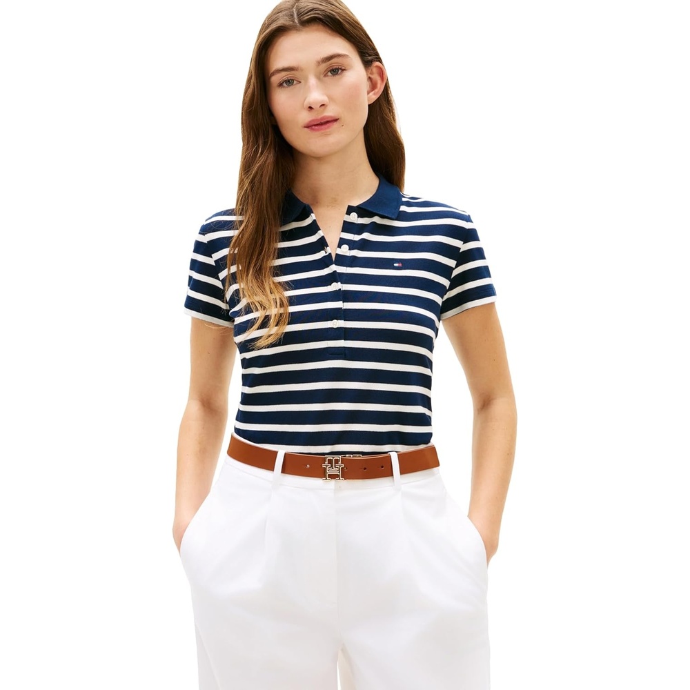 image:imageTommy Hilfiger Womens Cotton Pique Short Sleeve Polo Shirt in Classic Fit with StretchDark Night Navy Ecru Stripe