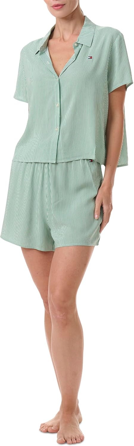 image:imageTommy Hilfiger Womens Boxy Top amp Highwaisted Boxer 2 Piece Pajama SetFrosty Spruce Stripe