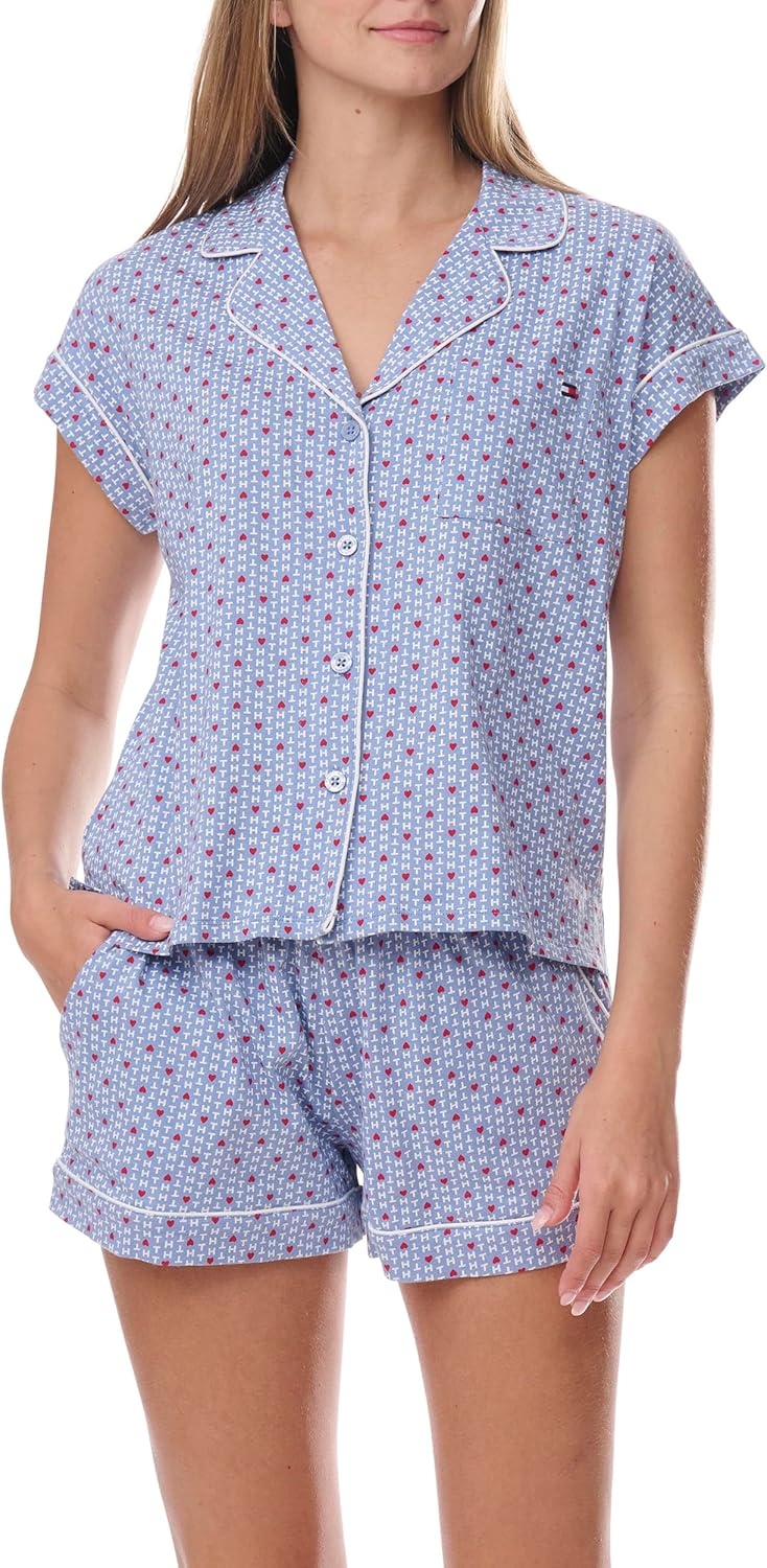 image:imageTommy Hilfiger Womens Girlfriend Short Sleeve Top and Shorts Pajama SetTh Heart PrintLiberty Blue