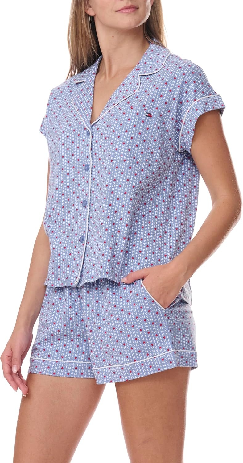 image:imageTommy Hilfiger Womens Girlfriend Short Sleeve Top and Shorts Pajama SetTh Heart PrintLiberty Blue