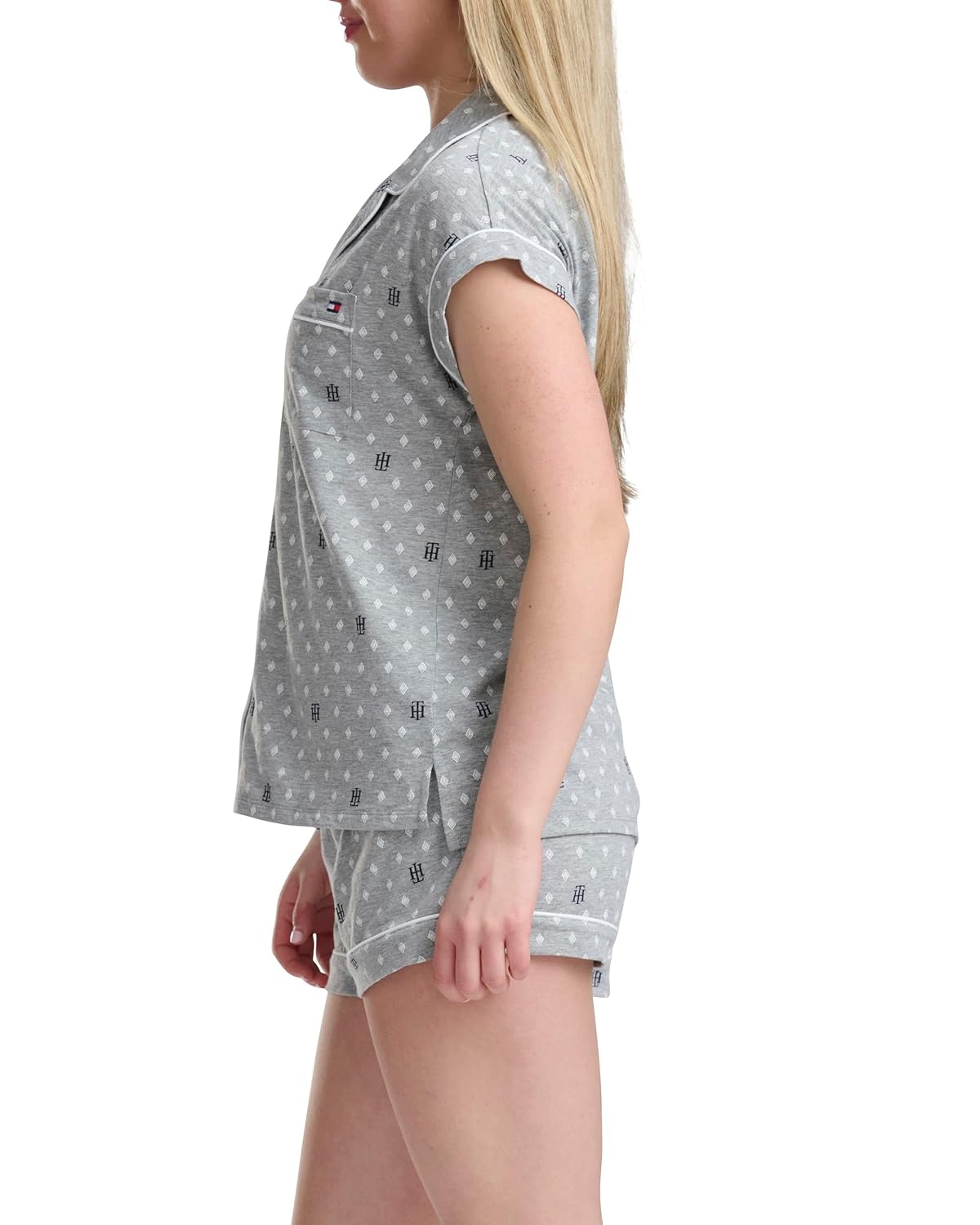image:imageTommy Hilfiger Womens Short Sleeve Notch Collar amp Boxer Sleep SetTh Glyph in Diamond Offset Heather Grey