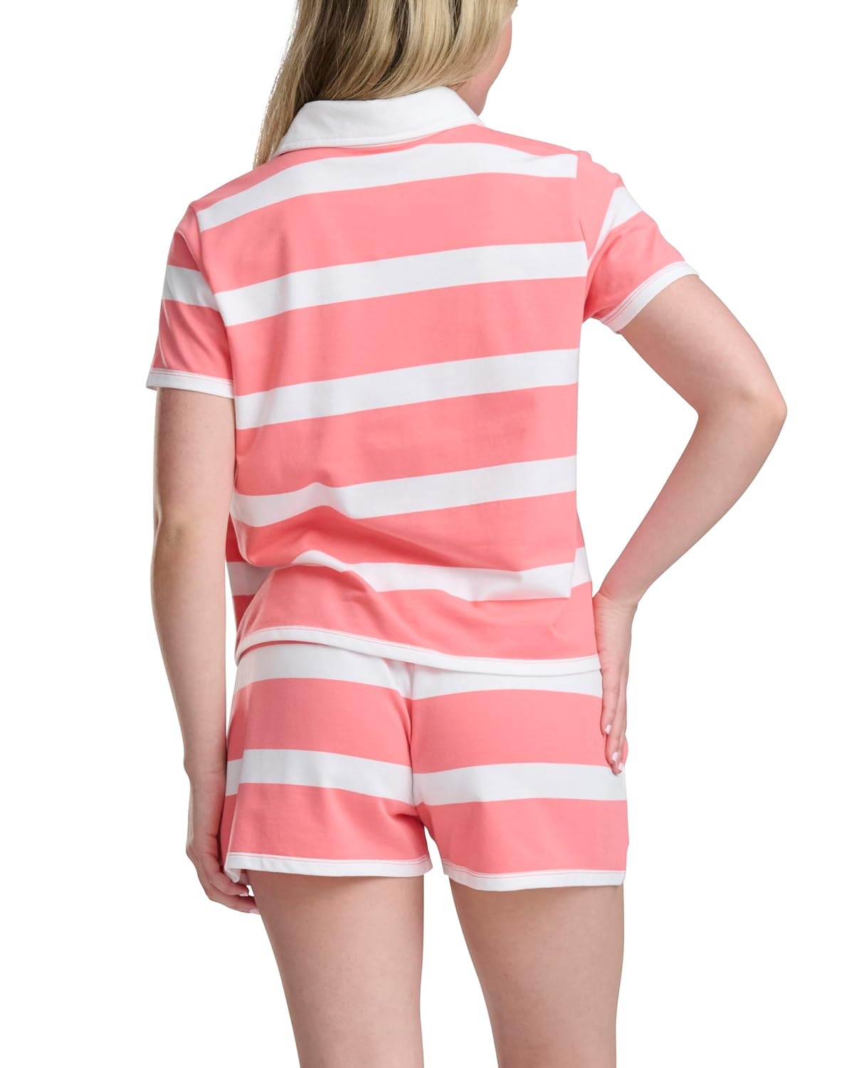 image:imageTommy Hilfiger Womens Short Sleeve Rugby Polo amp Boxer SetWide Rugby Stripe Shell Pink