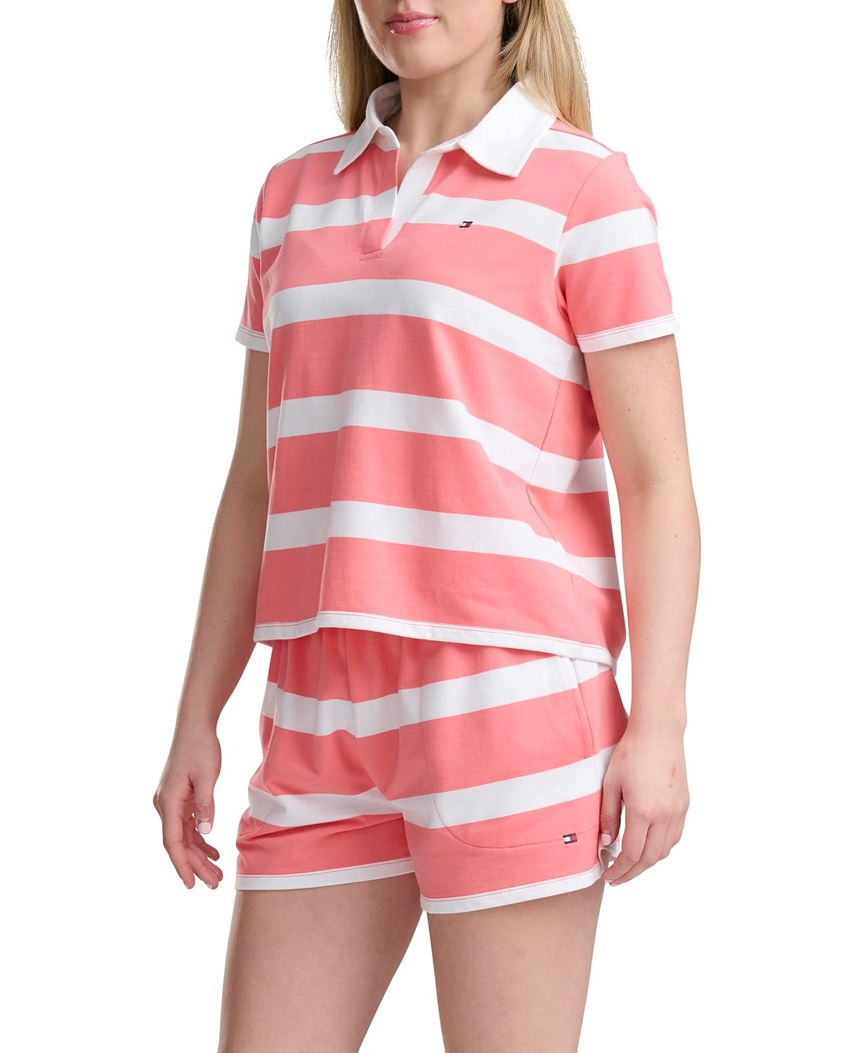image:imageTommy Hilfiger Womens Short Sleeve Rugby Polo amp Boxer SetWide Rugby Stripe Shell Pink