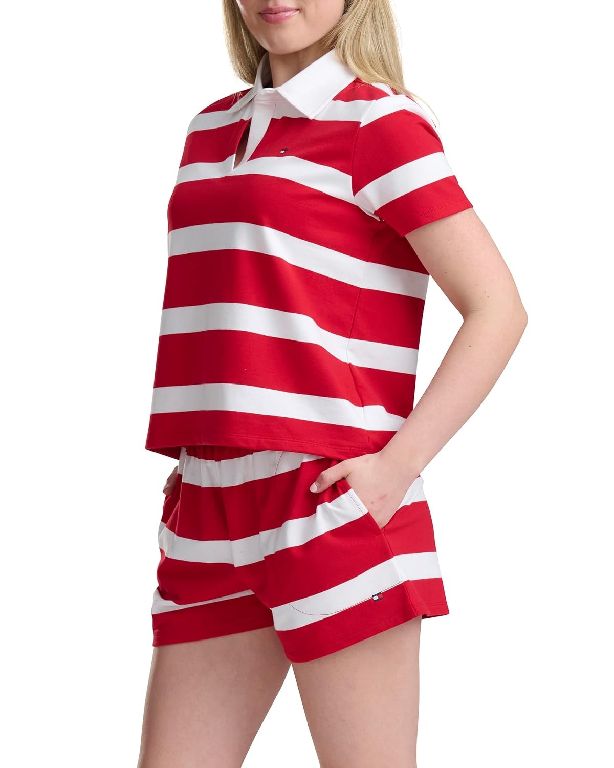 image:imageTommy Hilfiger Womens Short Sleeve Rugby Polo amp Boxer SetWide Rugby Stripe Tango Red