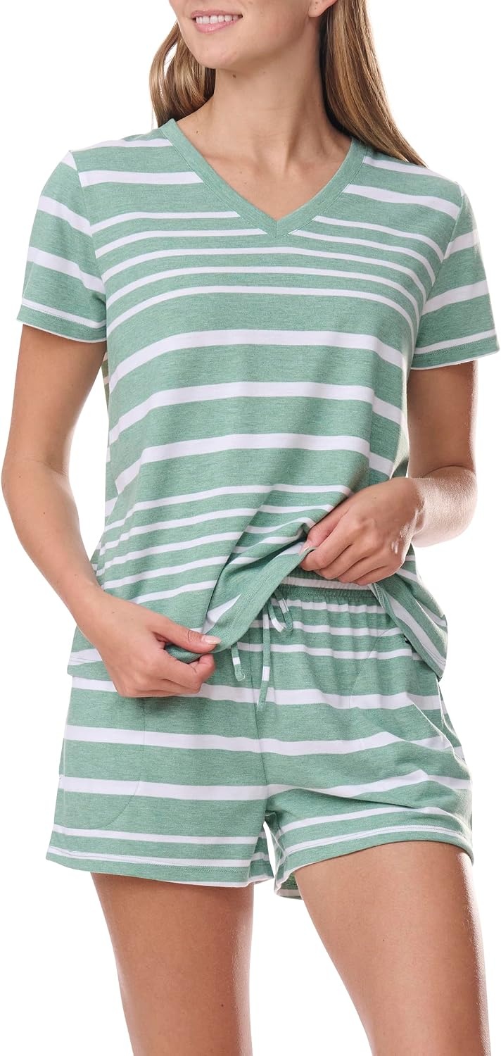 image:imageTommy Hilfiger Womens Short Sleeve Tee and Boxer Shorts Pajama SetGreen Heather Stripe