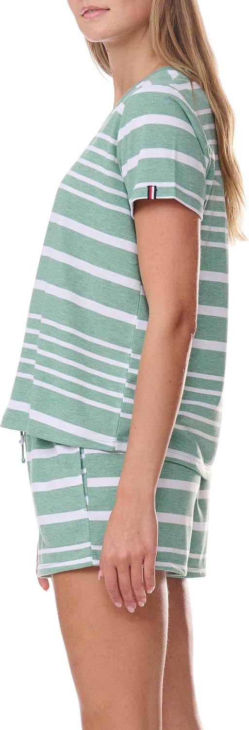 image:imageTommy Hilfiger Womens Short Sleeve Tee and Boxer Shorts Pajama SetGreen Heather Stripe