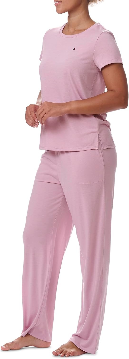image:imageTommy Hilfiger Womens Tshirt and Open Leg Pant 2 Piece Pajama SetBreezy Orchid