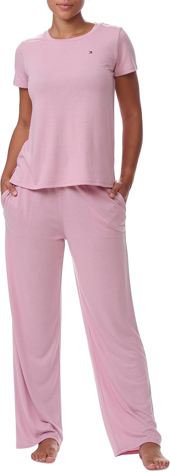 image:imageTommy Hilfiger Womens Tshirt and Open Leg Pant 2 Piece Pajama SetBreezy Orchid