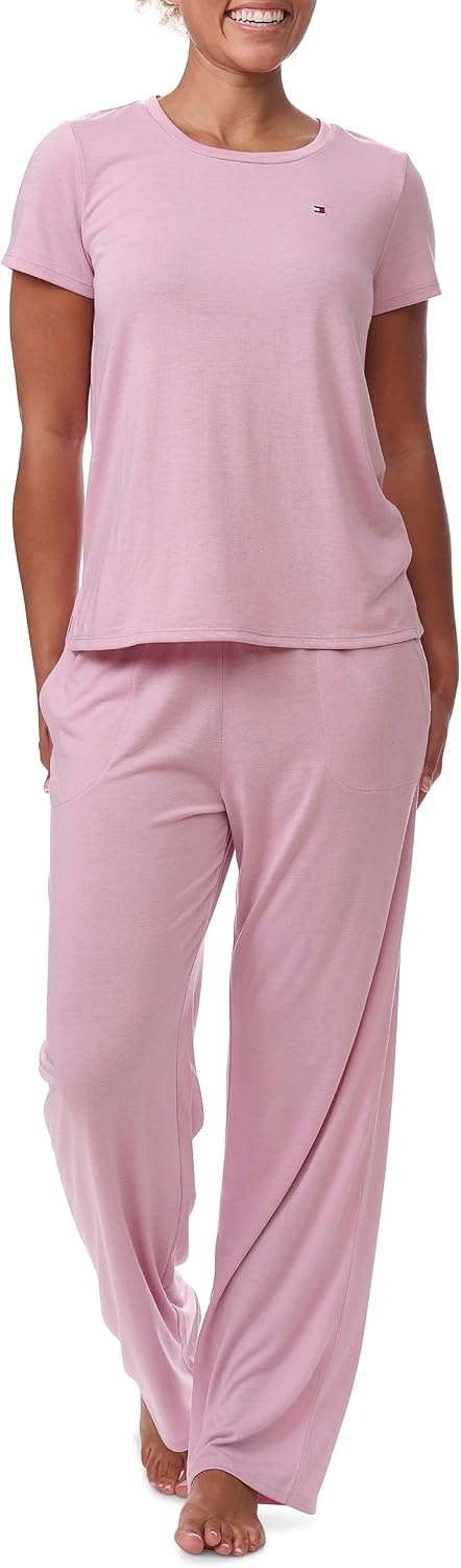 image:imageTommy Hilfiger Womens Tshirt and Open Leg Pant 2 Piece Pajama SetBreezy Orchid