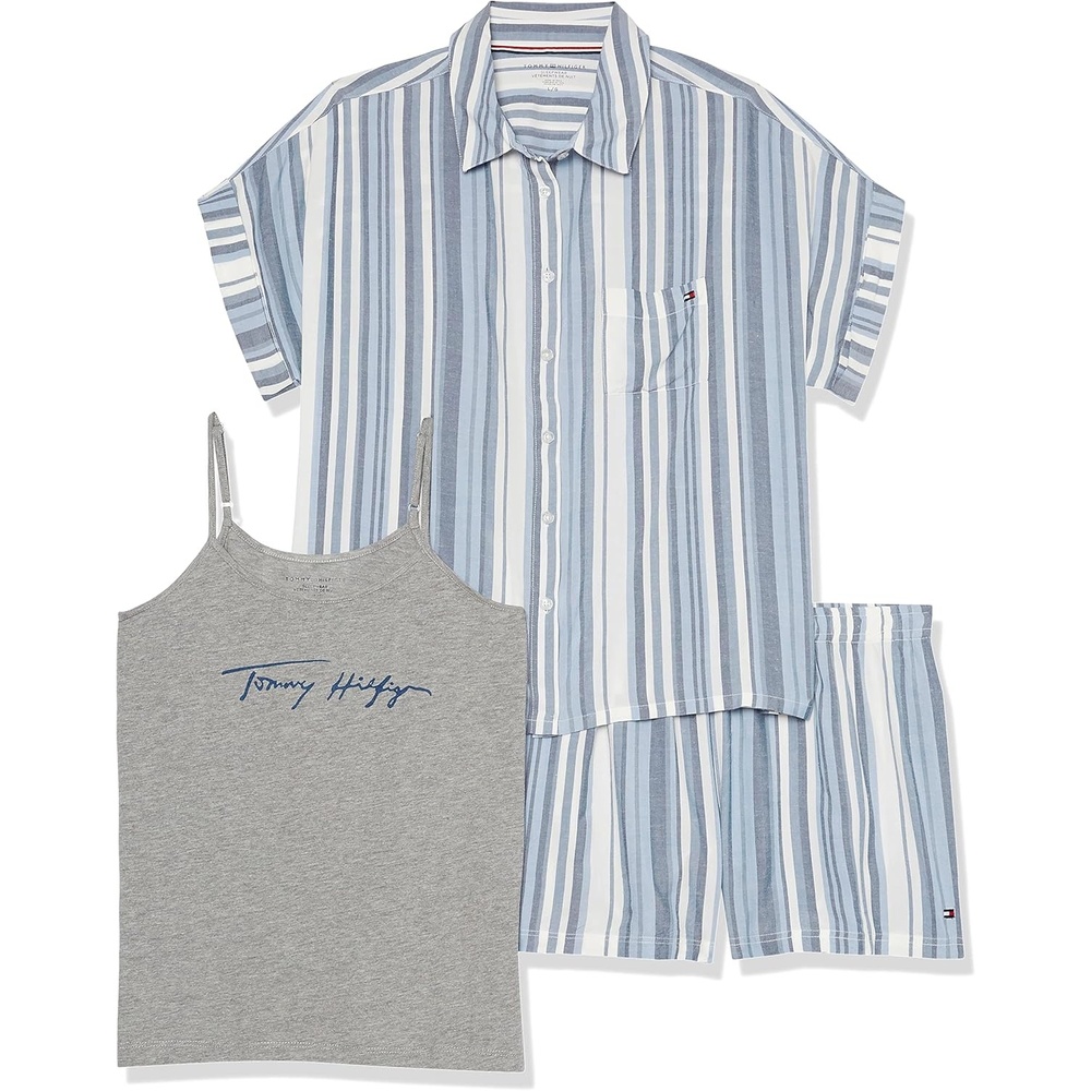 image:imageTommy Hilfiger Womens 3piece Tank and Nocha Collar Short Pajama Set PjLight Heather Grey Picnic Stripe Brunnera