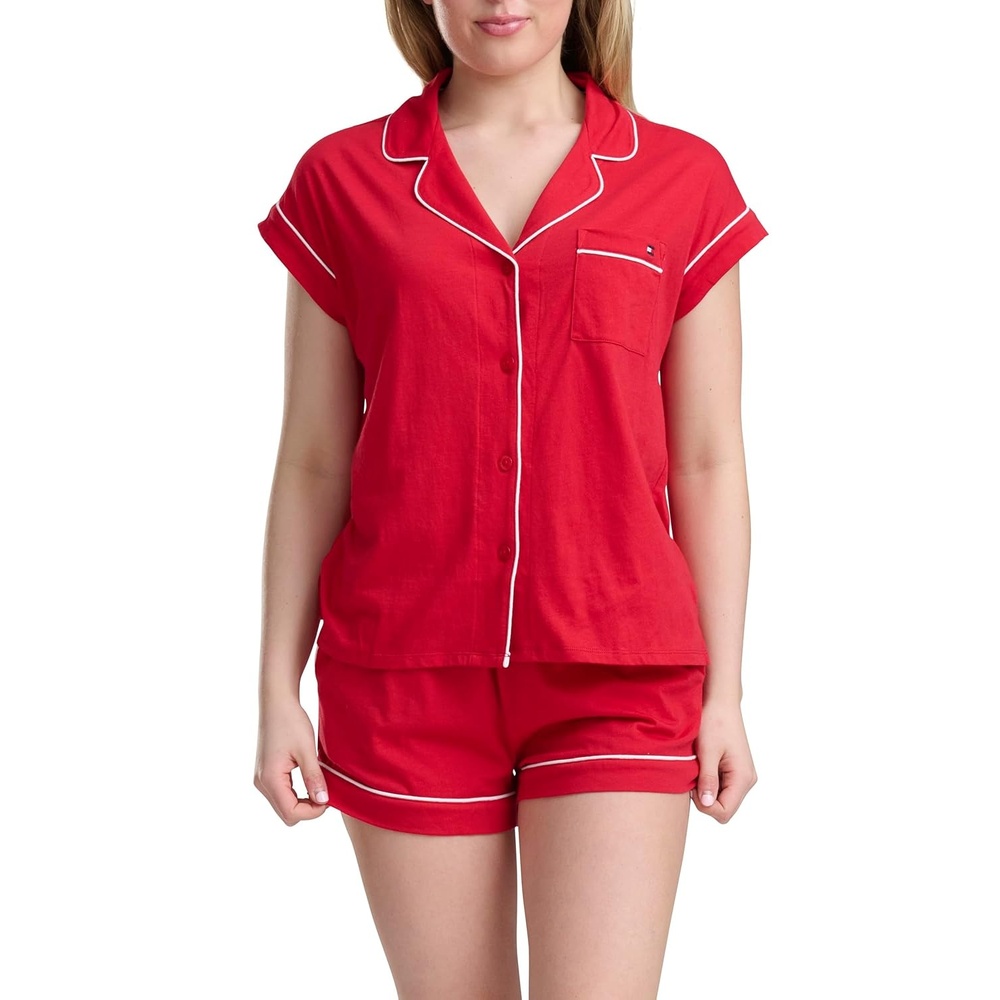 image:imageTommy Hilfiger Womens Short Sleeve Notch Collar amp Boxer Sleep SetTango Red