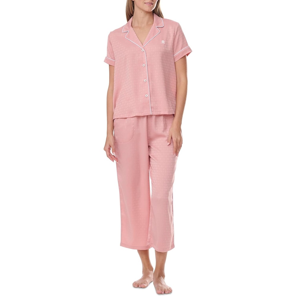 image:imageTommy Hilfiger Womens Short Sleeve Notch Top and Cropped Pant Pajama SetJacquard Rose Tan