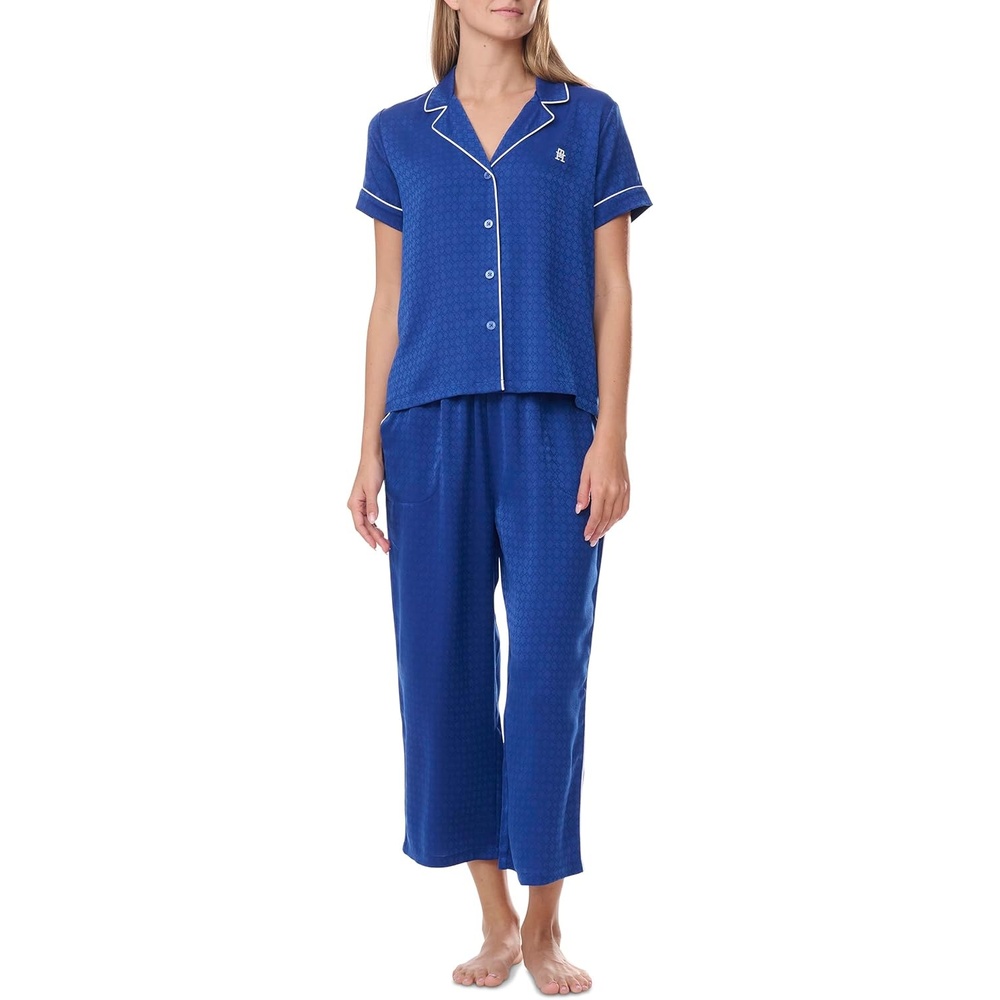 image:imageTommy Hilfiger Womens Short Sleeve Notch Top and Cropped Pant Pajama SetJacquard Wedge Blue