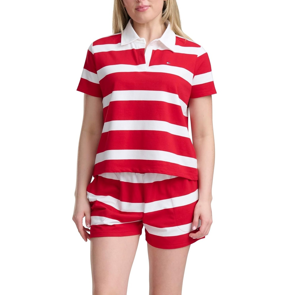 image:imageTommy Hilfiger Womens Short Sleeve Rugby Polo amp Boxer SetWide Rugby Stripe Tango Red