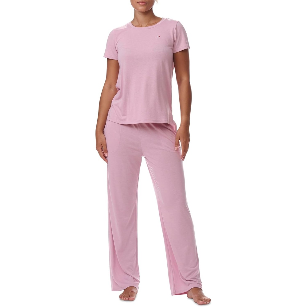 image:imageTommy Hilfiger Womens Tshirt and Open Leg Pant 2 Piece Pajama SetBreezy Orchid