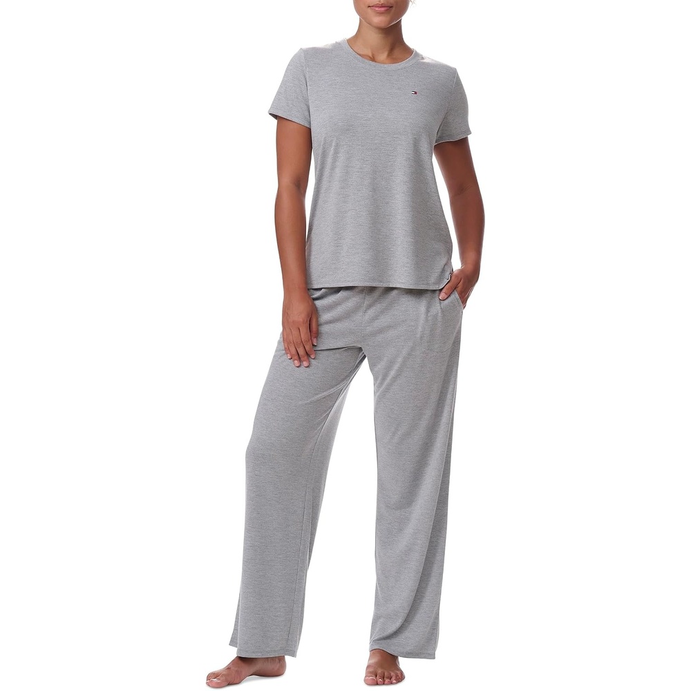 image:imageTommy Hilfiger Womens Tshirt and Open Leg Pant 2 Piece Pajama SetHeather Grey