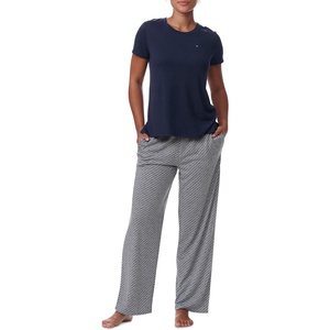 Tommy Hilfiger Women’s T-shirt and Open Leg Pant 2 Piece Pajama Set(Diagonal Tommy Hilfiger Stripe)