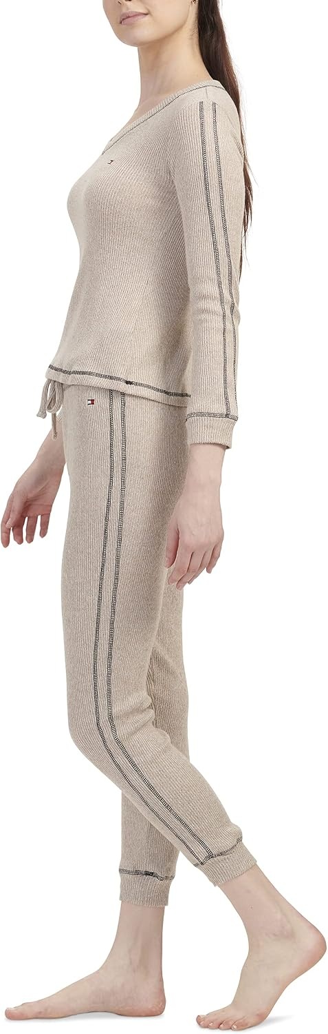 image:imageTommy Hilfiger Adaptive Womens Waffleknit Long Sleeve Jogger Pajama SetHeather Oatmeal