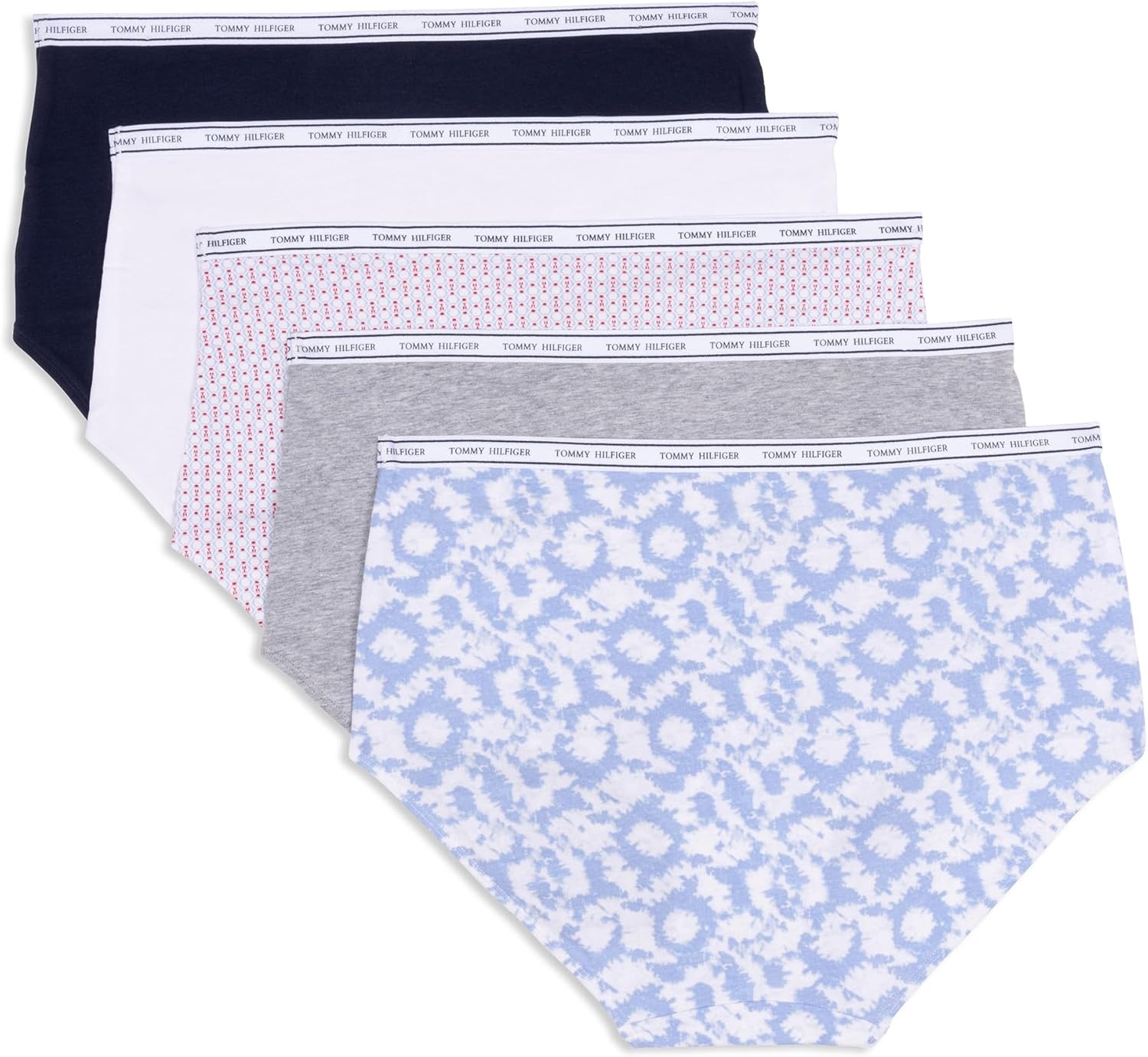 image:imageTommy Hilfiger Womens Classic Cotton Brief Underwear With Logo Waistband 5packRound Tie Dye Brunerra BlueHeather GreyTh Stacked Geo Bright WhiteBright WhiteNavy Blazer