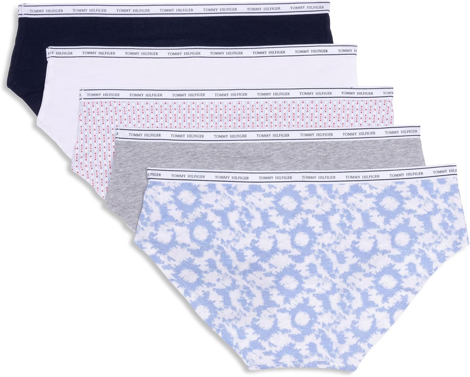 image:imageTommy Hilfiger Womens Classic Cotton Hipster Underwear With Logo Waistband 5packRound Tie Dye Brunerra BlueHeather GreyTh Stacked Geo Bright WhiteBright WhiteNavy Blazer