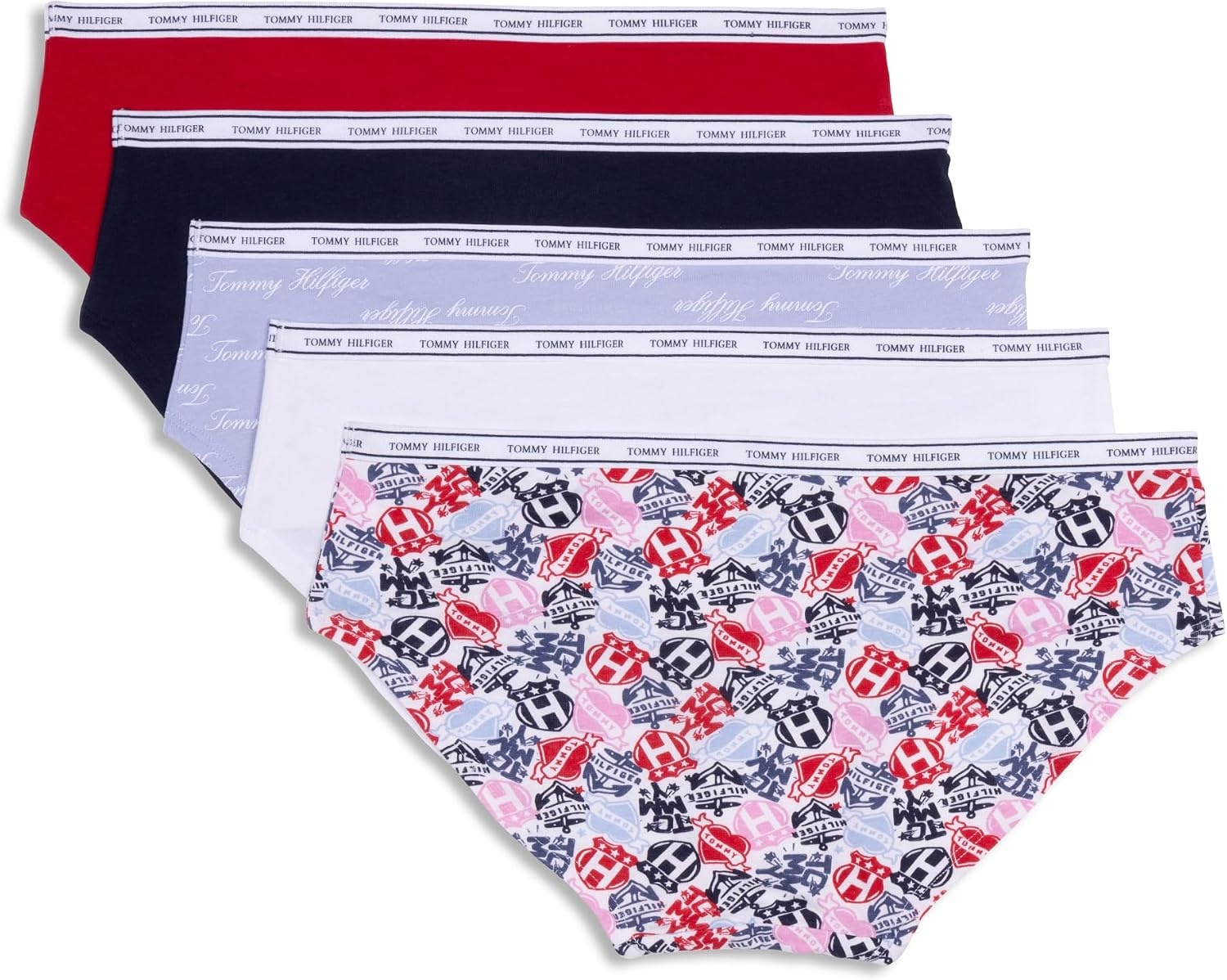 image:imageTommy Hilfiger Womens Classic Cotton Hipster Underwear With Logo Waistband 5packTattoo Elements Bright WhiteBright WhiteBrunerra Blue Th CalligraphyHeather GreyApple Red