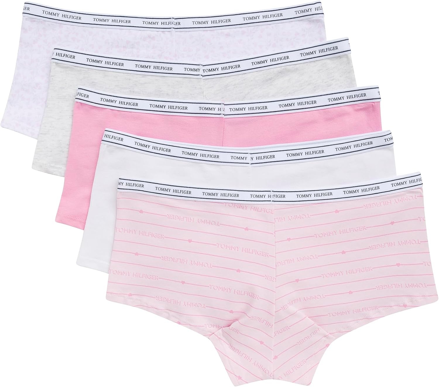 image:imageTommy Hilfiger Womens Classic Cotton Logoband Boyshort 5packTh Shadow Heart Cherry BlossomWhitePinkLight Heather GreyTiny Tommy Hearts White