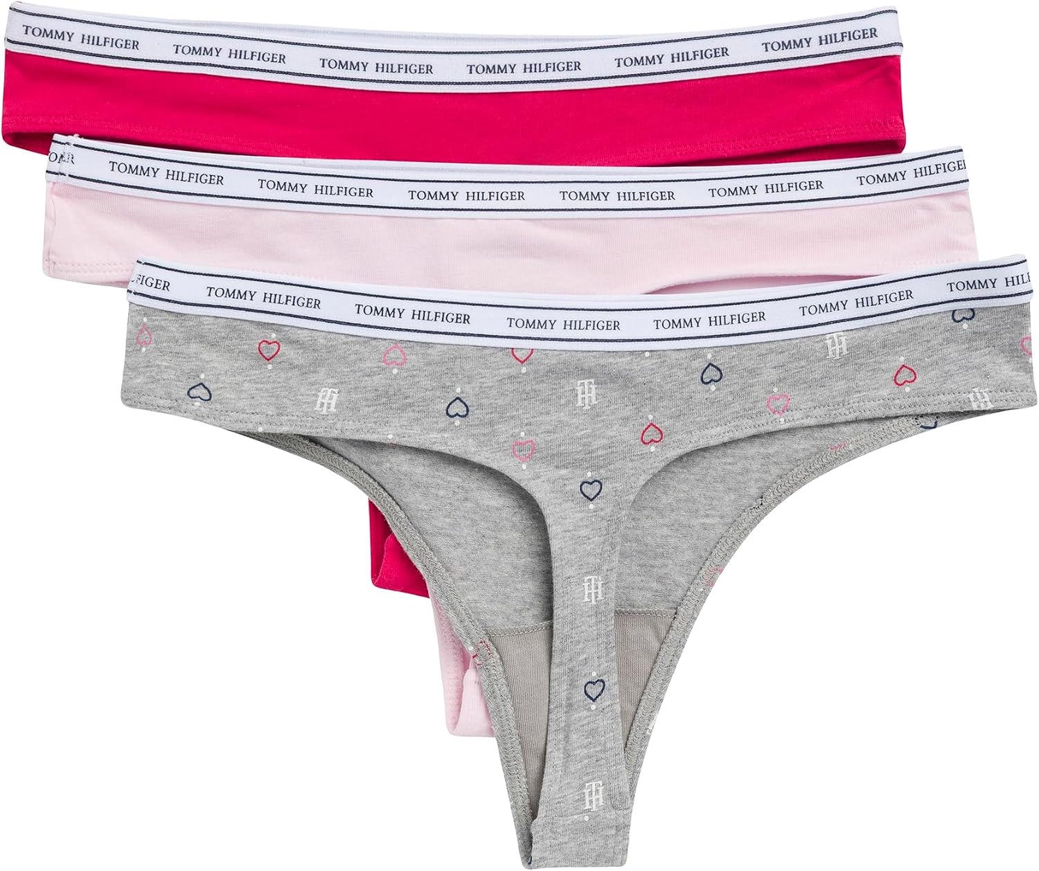 image:imageTommy Hilfiger Womens Classic Cotton Logoband Thong 3packTh Glyph Heart Drops Heather GreyCherry BlossomBarberry