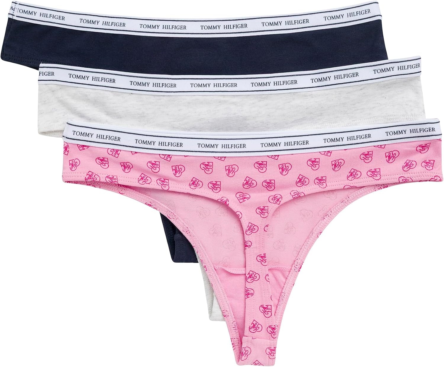 image:imageTommy Hilfiger Womens Classic Cotton Logoband Thong 3packTh Sweethearts PinkLight Heather GreyNavy