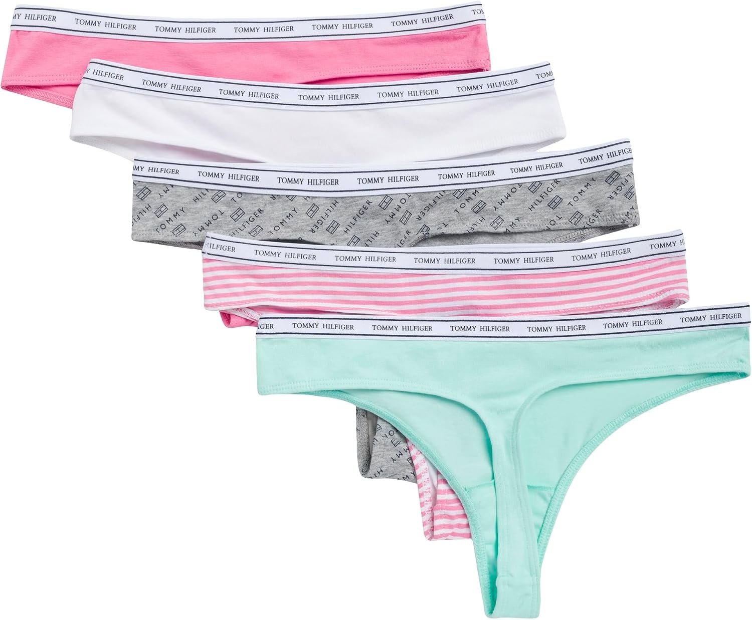 image:imageTommy Hilfiger Womens Classic Cotton Logoband Thong 5 PackTh Flag PrintBeach GlassBright WhiteMorning GloryMorning Glory Stripe